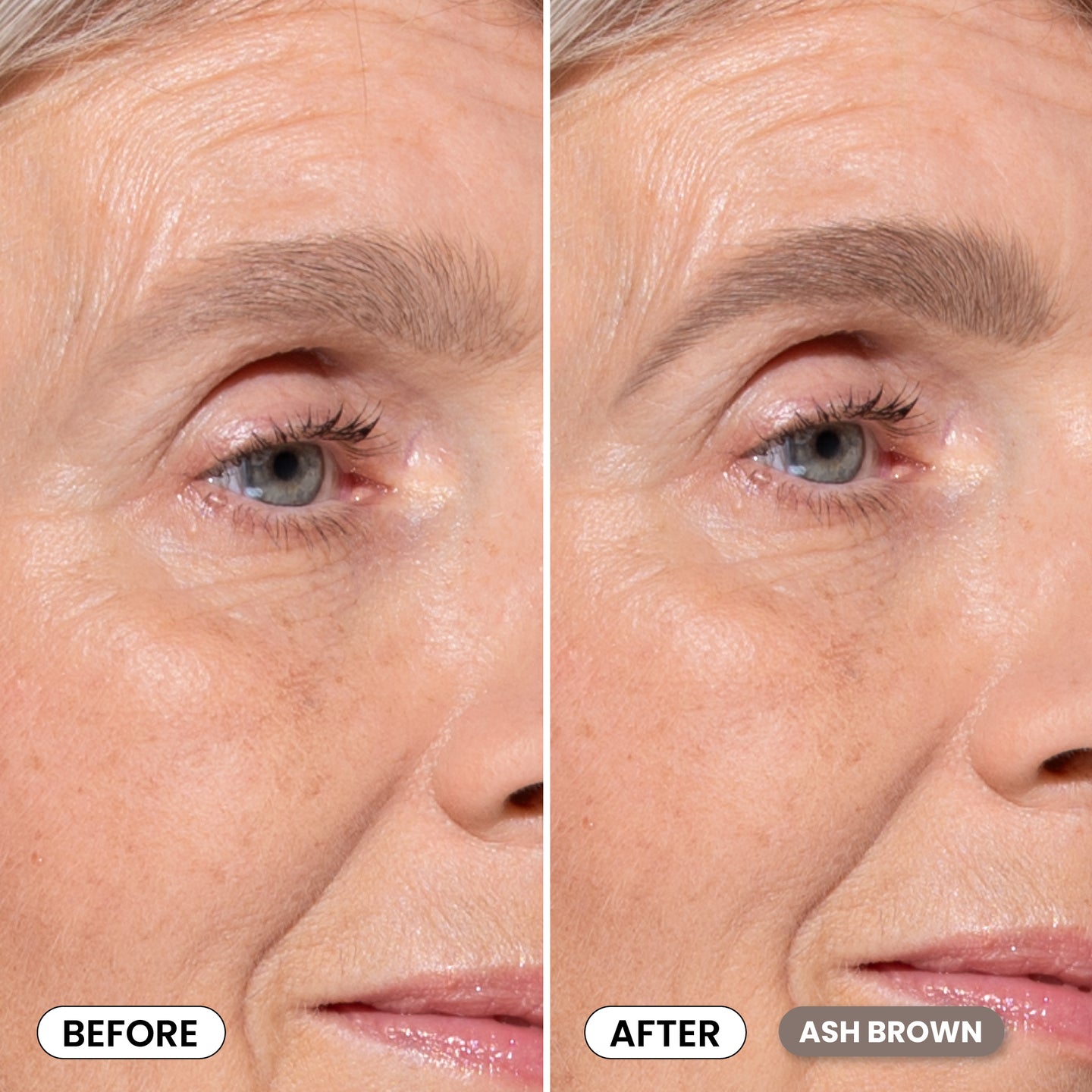 Close-up of an older woman’s eye and cheek, shown in side-by-side before and after photos. In the after image, her eyebrow appears fuller and darker, labeled ash brown.