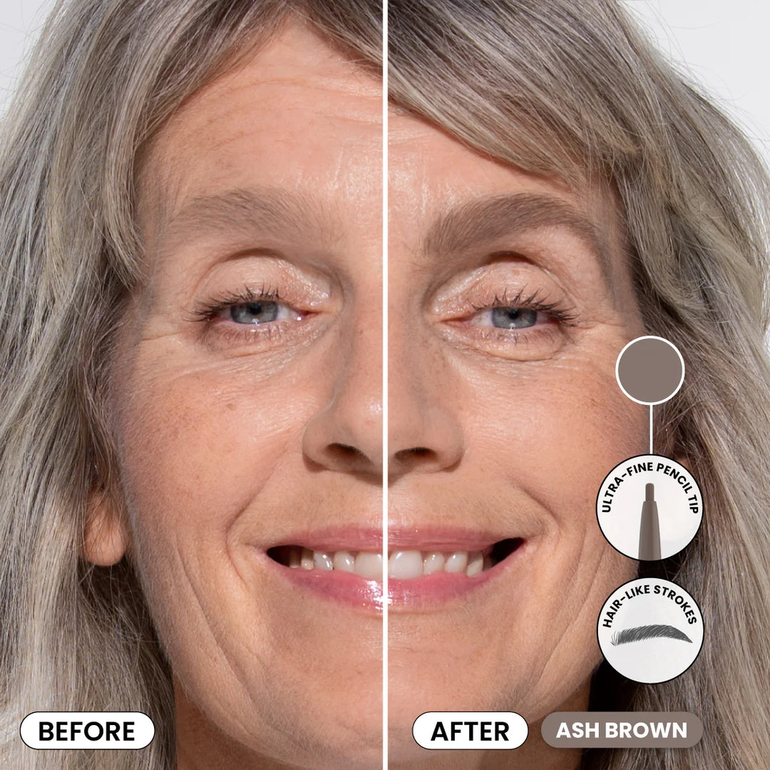 A split image of a smiling older woman, showing her face before (left) and after (right) using an ash brown eyebrow pencil. The after side features fuller, defined brows. Icons highlight ultra-fine pencil tip and hair-like strokes.