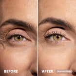Close-up side-by-side of a woman's eye area. Left (Before) shows natural lashes and skin. Right (After: PrimePrometics™ PrimeEyes Eyeshadow Matte) reveals longer-looking lashes and smoother skin.