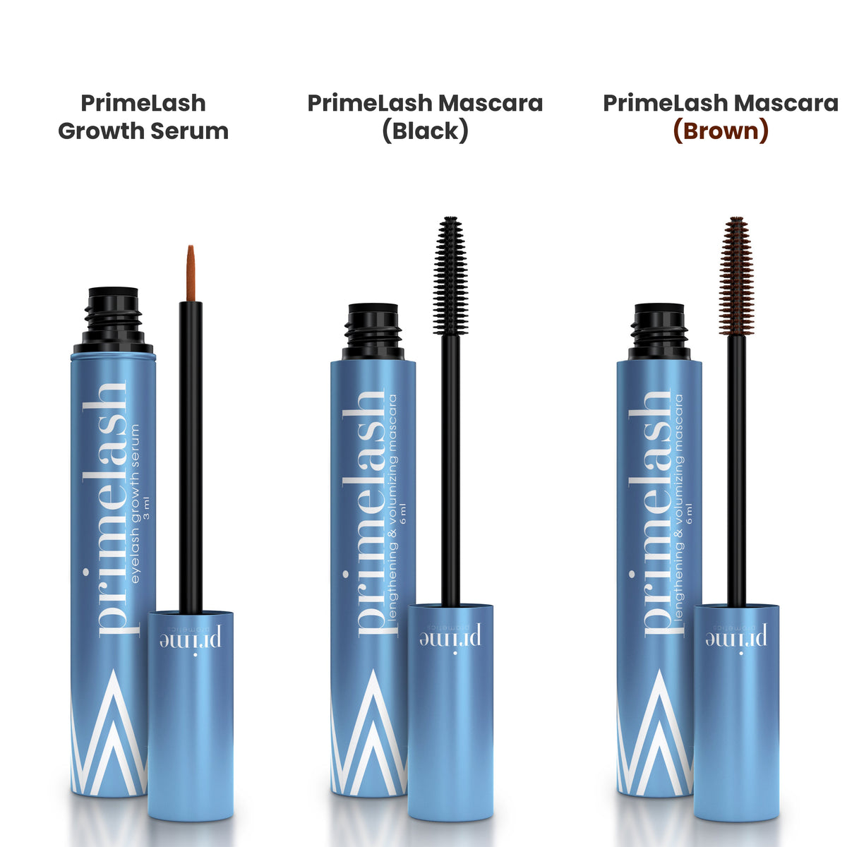 Three blue tubes of PrimePrometics™ Both Mascaras + Serum are shown: Lash Serum with thin brush, plus Black and Brown Mascaras—both lengthening and volumizing—with bold white text and geometric accents.