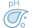 A blue outline of a water droplet with two smaller circles nearby and the letters pH above it, symbolizing pH level or water quality.
