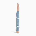 A beige PrimeEyes Eyeshadow Matte crayon by PrimePrometics™ with a twist-up mechanism, housed in a blue and white tube, is shown upright on a white background.