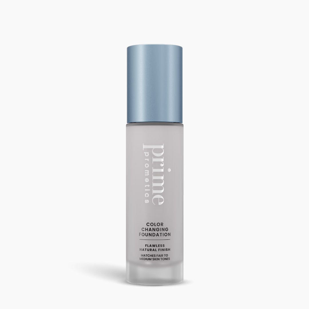 Prime Prometics Color Changing Foundation bottle on a clean background: Flawless Natural Finish for fair to medium skin tones