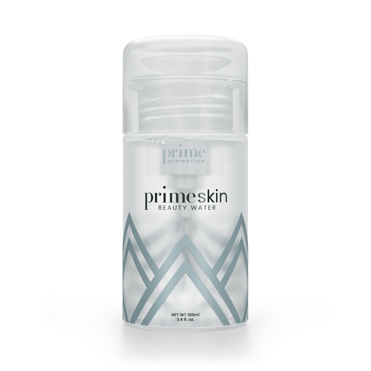 A clear bottle of Primeskin Beauty Water with a silver geometric design and a transparent cap, containing 100 ml (3.4 fl. oz.) of skincare product. The label is minimalist and modern.