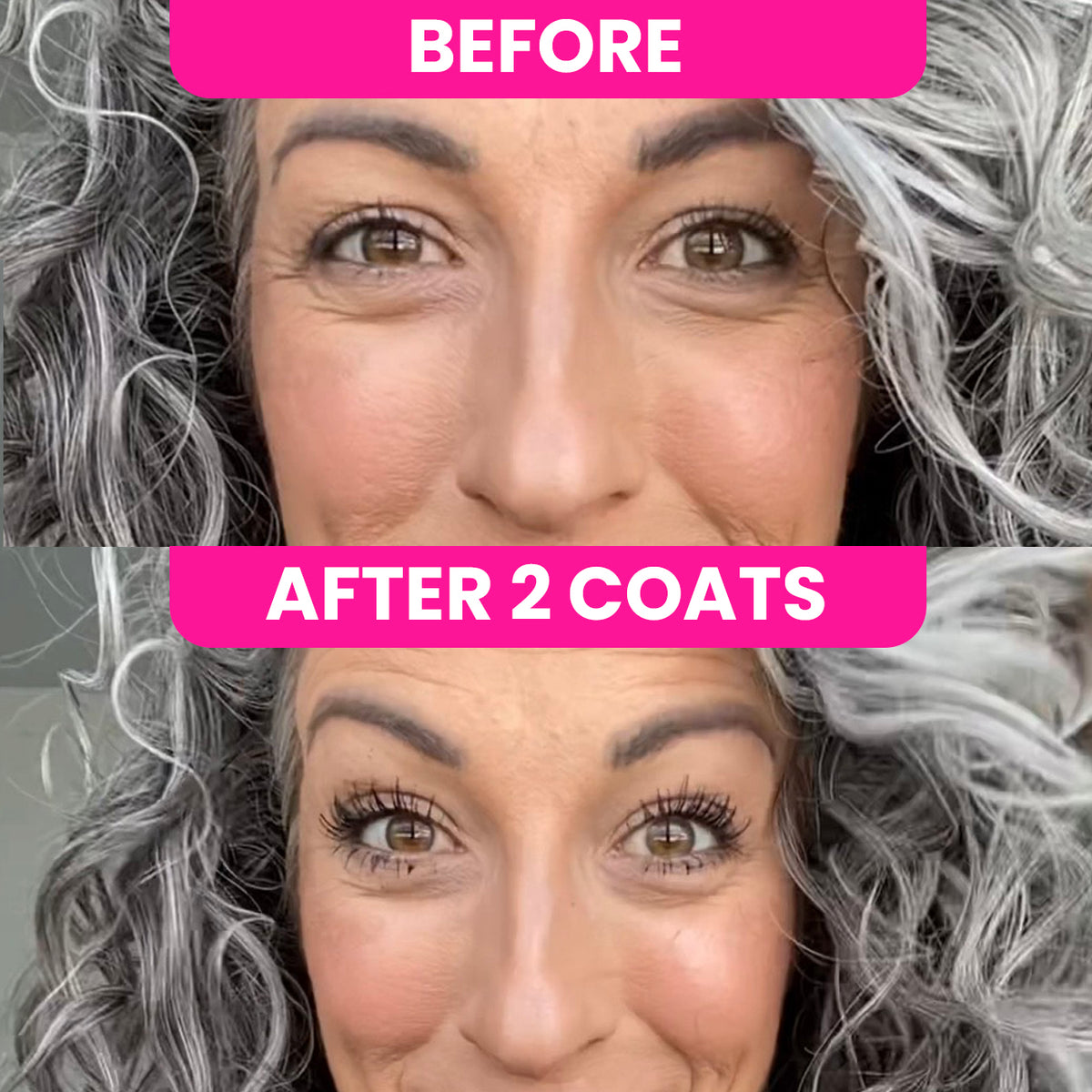 Split image showing a womans face before and after applying mascara; the top half shows natural lashes, and the bottom half shows longer, fuller lashes labeled AFTER 2 COATS.