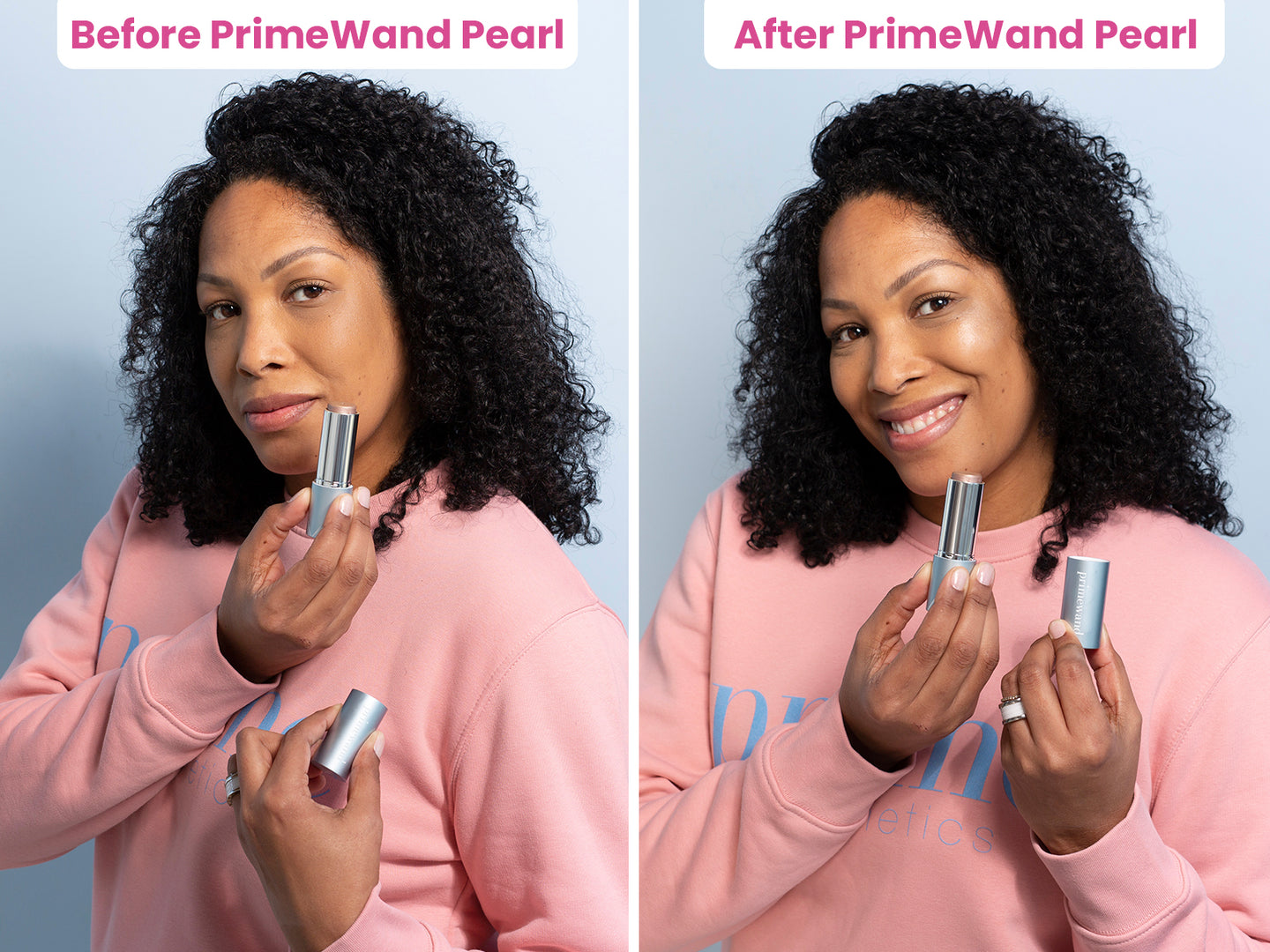 Before-and-after of a mature woman with dark curly hair showing a brighter, dewier complexion after using Prime Prometics PrimeWand Pearl