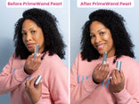 Before-and-after of a mature woman with dark curly hair showing a brighter, dewier complexion after using Prime Prometics PrimeWand Pearl