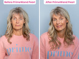 Before-and-after of a mature blonde woman showing a soft, glowing complexion after using Prime Prometics PrimeWand Pearl