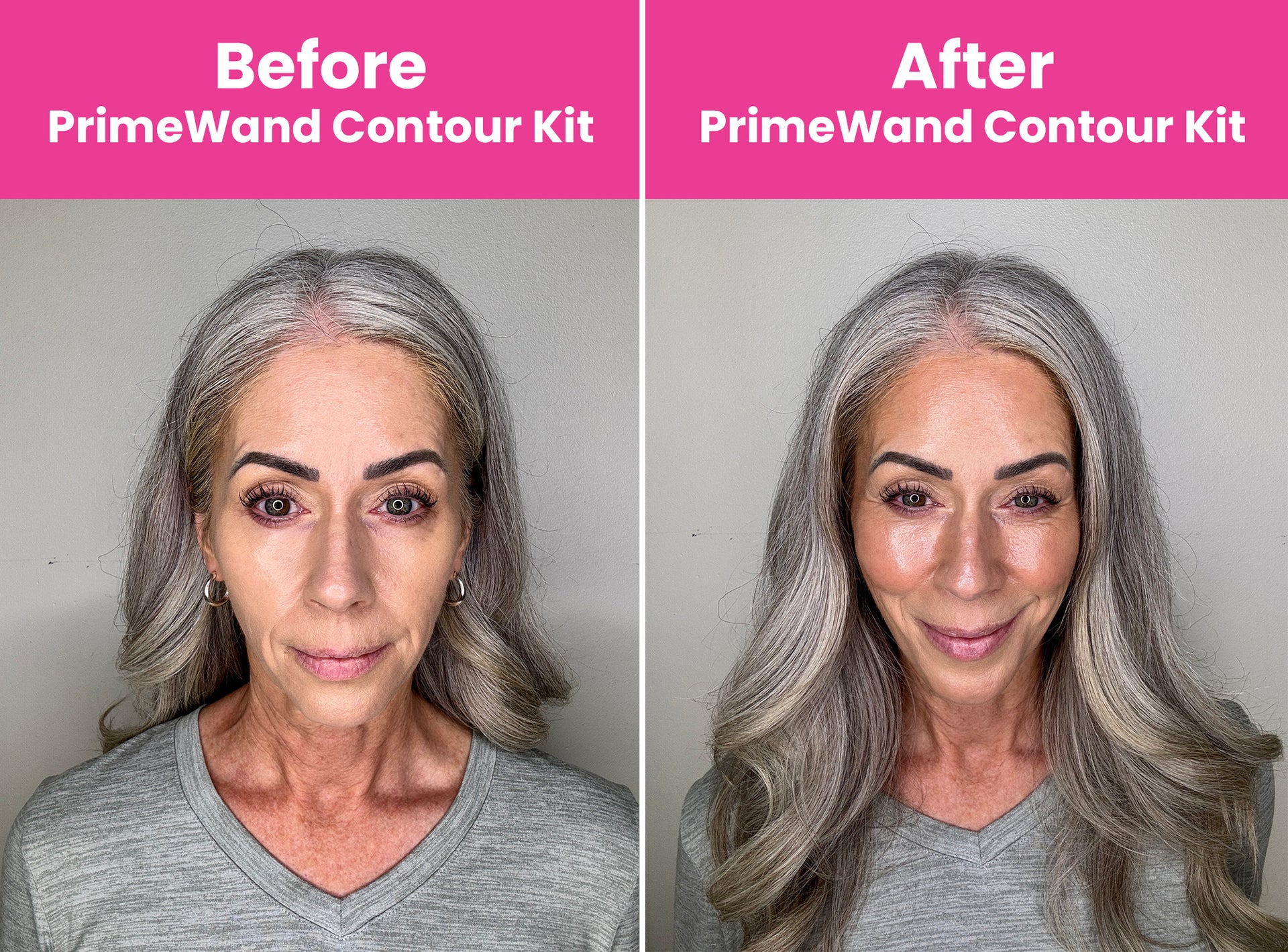 Side-by-side photos of a woman with long gray hair, showing her face before and after using the PrimeWand Contour Kit. The after image shows her with smoother, more contoured and glowing skin.