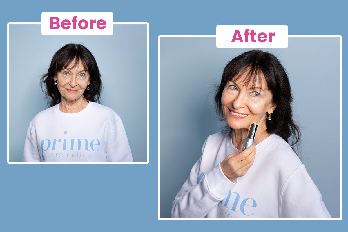 Side-by-side images of an older woman. On the left, labeled Before, she smiles at the camera. On the right, labeled After, she smiles and applies makeup to her cheek with a makeup stick.
