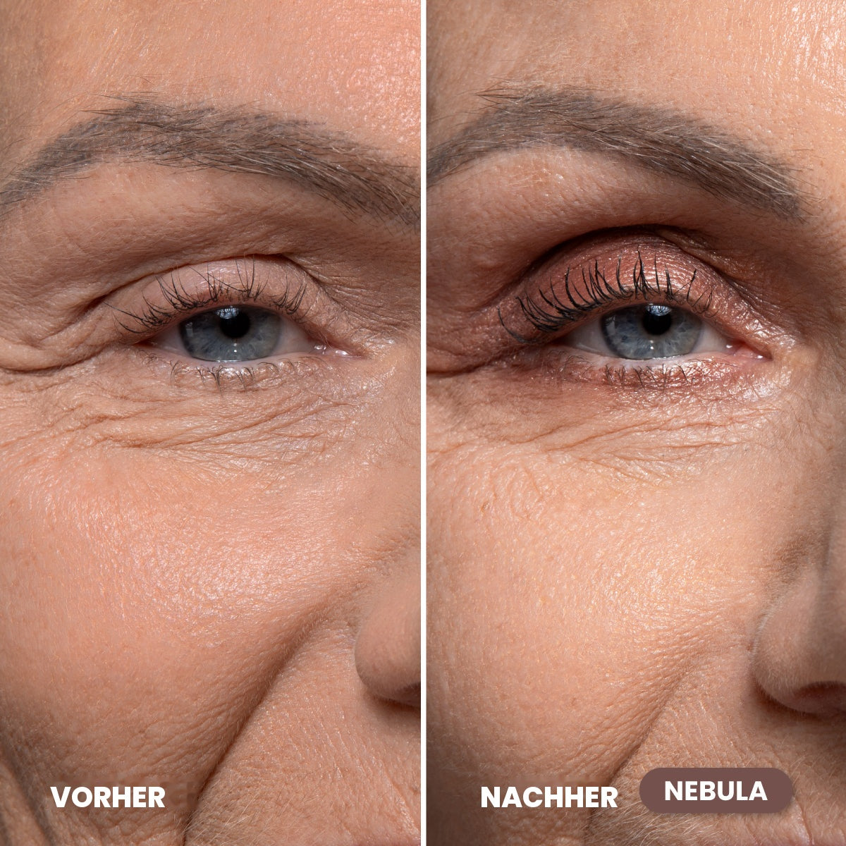 Close-up of a woman's eye and cheek, showing a before (left, natural look) and after (right, with pink eyeshadow and defined lashes) makeup comparison. Text: VORHER, NACHHER, and NEBULA. The after look is enhanced using The Timeless Beauty Set by PrimePrometics™ for a luminous finish around the eyes and to accentuate every lash.