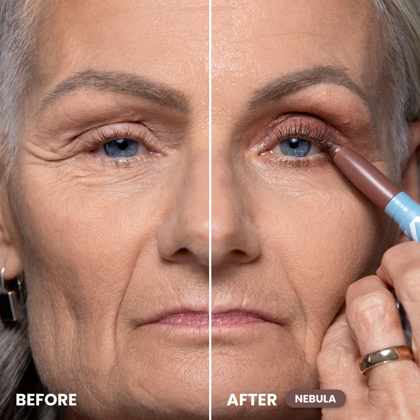 Close-up of an older woman’s face split in two: left side Before with no makeup, right side After with smoother skin and shimmery eyeshadow being applied using a Nebula makeup pencil.