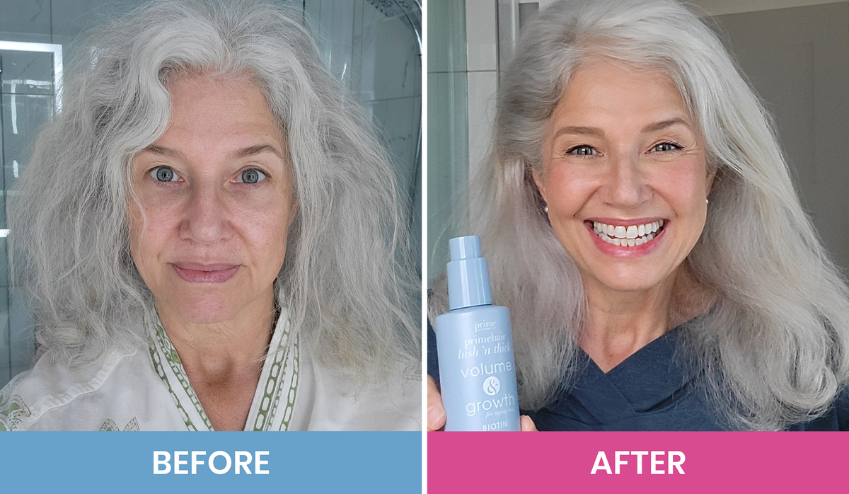 Split image of a woman with gray hair; on the left, she has a neutral expression and bare face labeled BEFORE. On the right, she is smiling, holding a hair product, labeled AFTER.