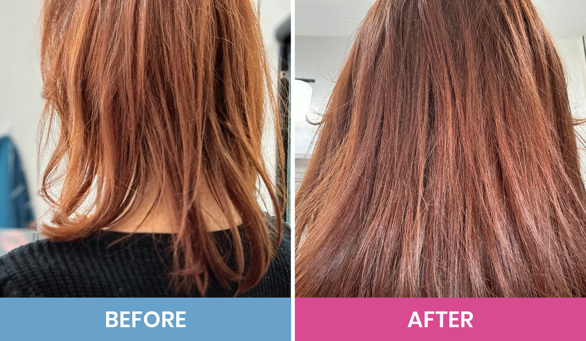 Side-by-side comparison of hair from the back: left image shows uneven, frizzy, and dry hair labeled Before; right image shows smoother, healthier, and shinier hair labeled After.