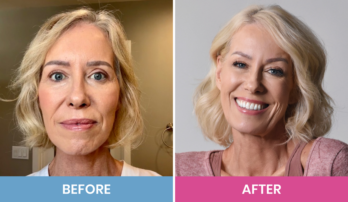Side-by-side comparison of a woman before and after a transformation. On the left, she looks serious with minimal makeup; on the right, she is smiling brightly, with enhanced makeup and a more radiant appearance.