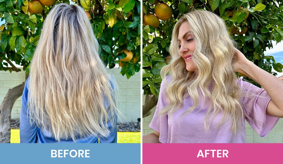 Side-by-side photos of a woman outdoors showing a hair transformation: on the left, her hair is long, flat, and uneven in color; on the right, her hair is styled in soft, voluminous waves with a brighter, even tone.