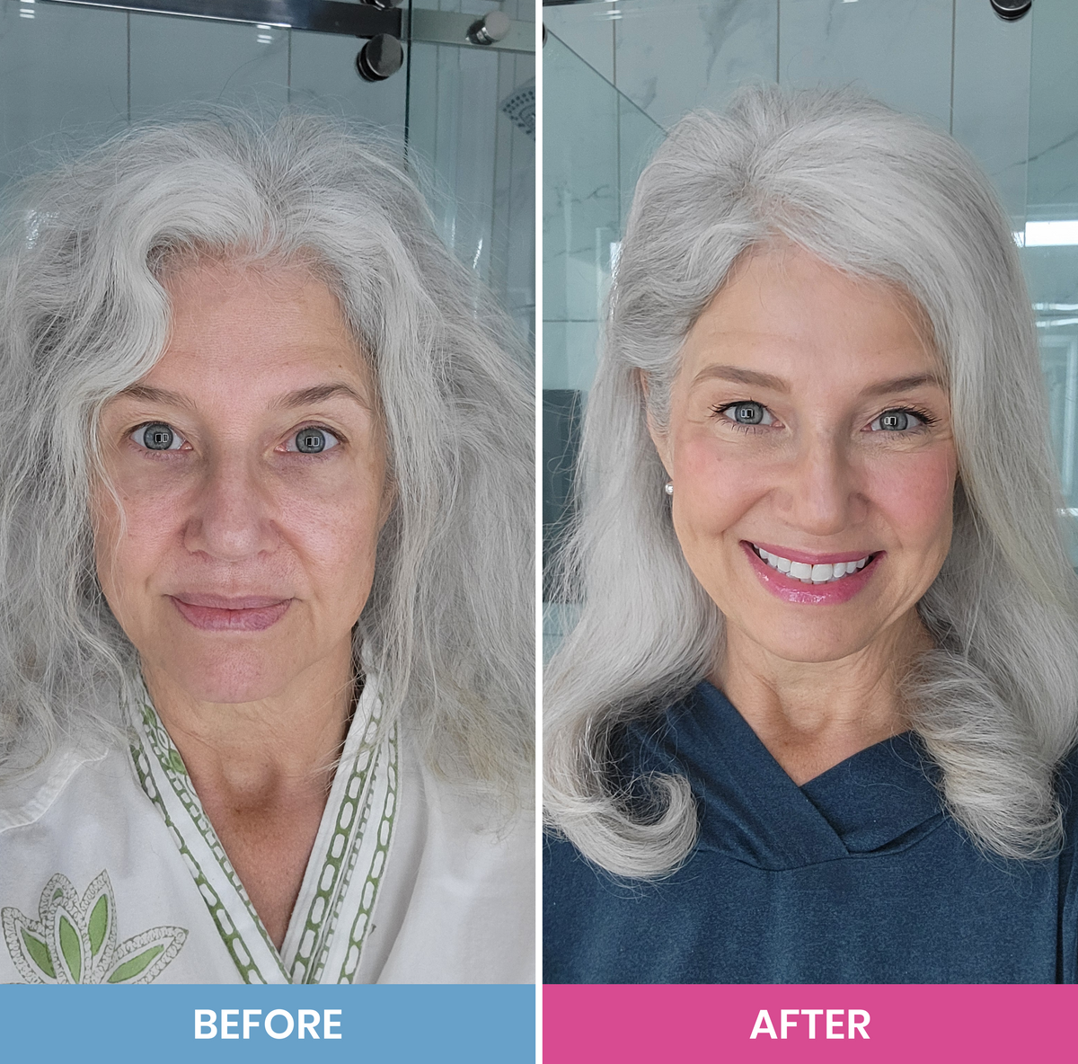 Before and after using Prime Prometics PrimeHair Luster Conditioner, gray hair appears smoother, fuller, and frizz-free