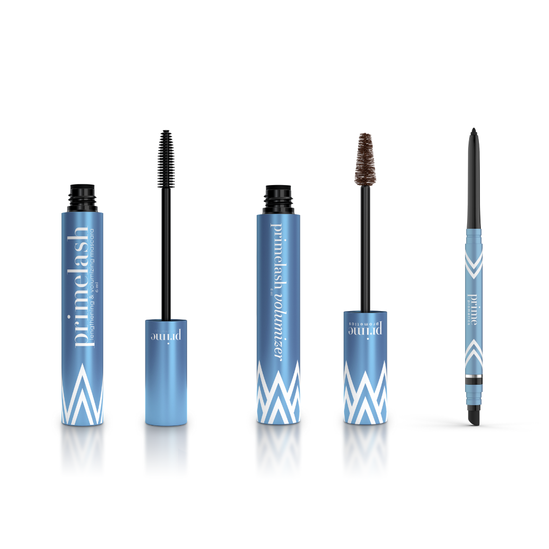 The Eye Makeover Bundle by PrimePrometics™ includes four blue products: PrimeLash Mascara, PrimeLash Volumizer (black & brown wands), brow gel with angled brush, and a PrimeEyes Glide black eyeliner, all in packaging with white zigzag patterns.