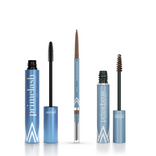 The Luxe Lash & Brow Bundle by PrimePrometics™ includes three blue makeup products: an open PrimeLash Mascara tube with wand, a dual-ended PrimeBrow Pencil with spoolie, and a PrimeBrow Tinted Gel with a small brush applicator. Each features prime branding in white text.