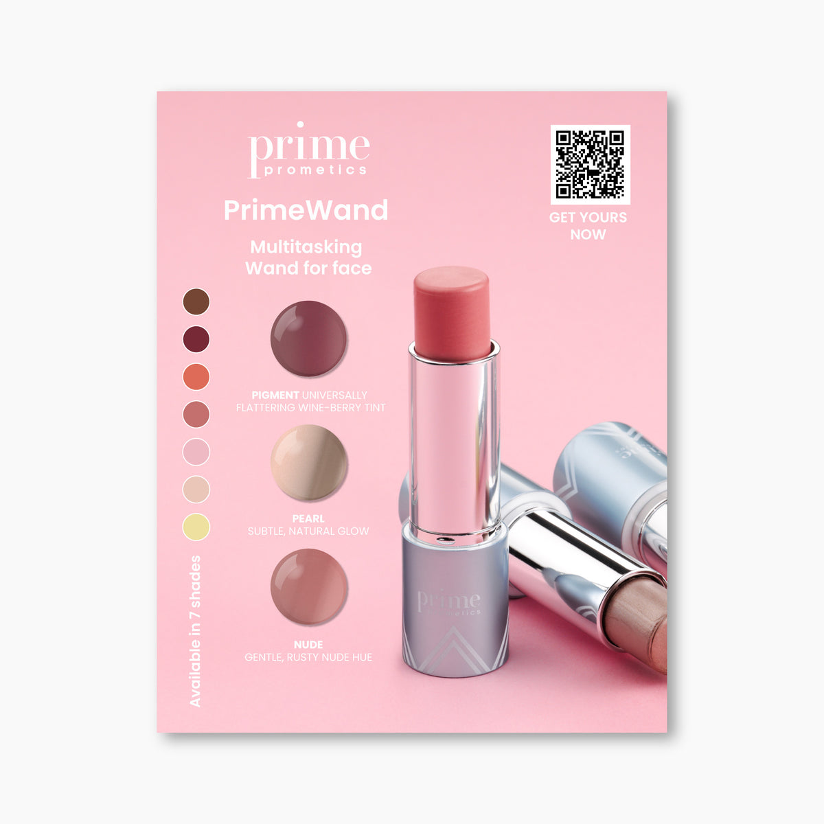 A PrimePrometics™ ad displays the PrimeWand Discovery Set in pink and silver tubes on a pink background, with shade swatches, blendable makeup info, and a QR code at the top right.
