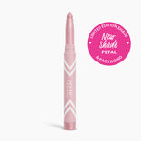A pink makeup crayon labeled PrimeEyes Eye Brightener by PrimePrometics™ with a “New Shade Petal” sticker—an illuminating eyeshadow for women over 50, offering an instant eye lift effect.