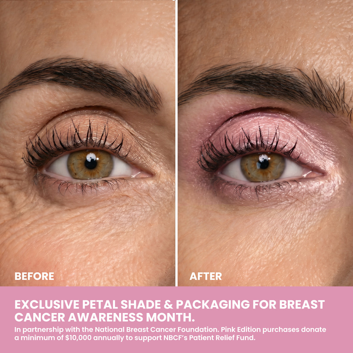 Split image of a woman’s eye: left side natural, right side with lengthening mascara and pink eyeshadow. The Beauty That Gives Set by PrimePrometics™ supports the National Breast Cancer Foundation.