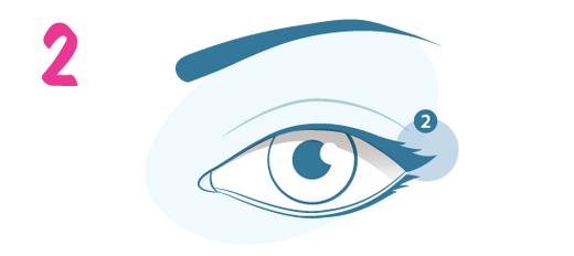 Illustration of a blue eye with a defined eyebrow above it. The number 2 in pink is on the left, and a smaller blue circle with the number 2 is on the outer edge of the eye, highlighting that area.