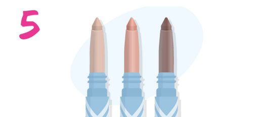 Three retractable eyeshadow sticks in beige, pink, and brown shades in blue packaging, shown side by side. A pink number 5 is written on the left side of the image.