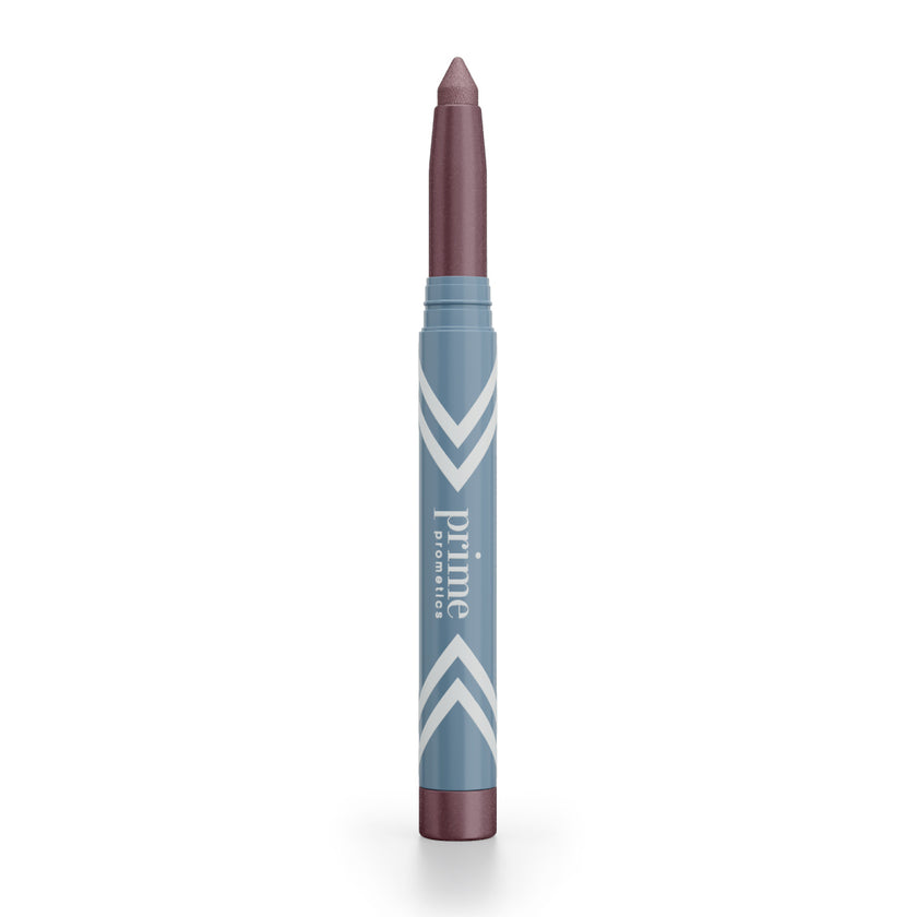 A mauve-colored makeup stick with a blue and white patterned tube labeled prime prometics, standing upright on a white background.