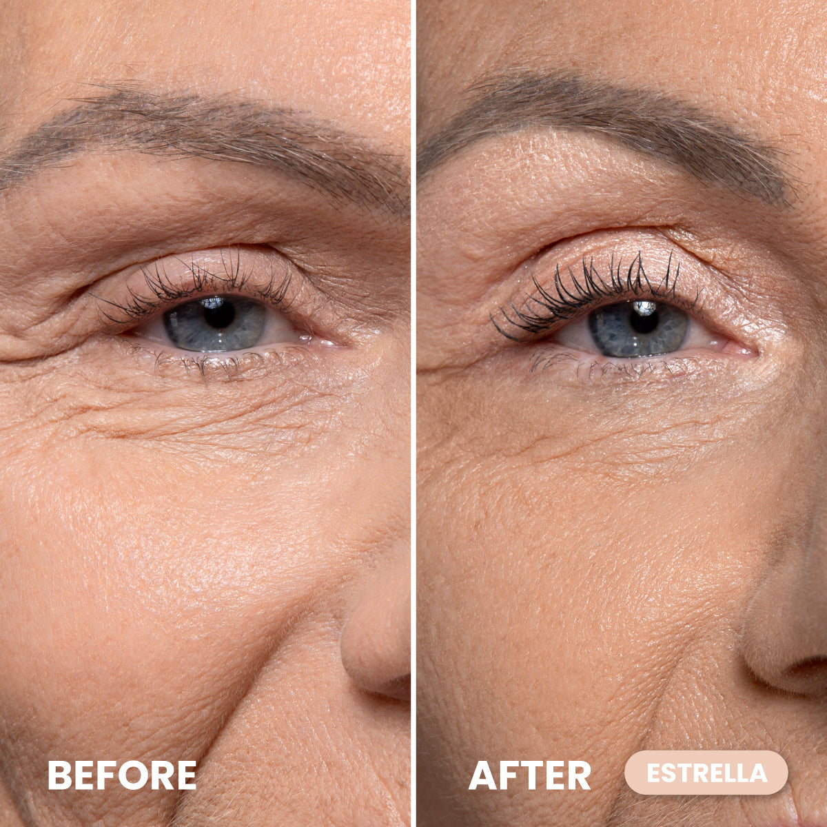 Close-up side-by-side comparison of a woman's eye area with more wrinkles in the “Before” image and smoother, lifted skin with curled lashes in the “After” using 2pcs PrimeEyes Eye Brightener by PrimePrometics™. Text: “BEFORE” and “AFTER ESTRELLA.”.