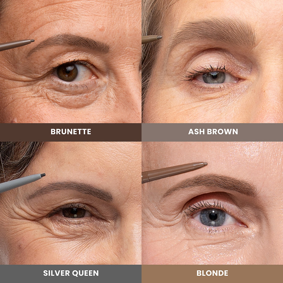 Four close-up images of different womens eyes and eyebrows, each applying eyebrow pencil in shades labeled: Brunette, Ash Brown, Silver Queen, and Blonde. Each shade matches the hair and brow color shown.