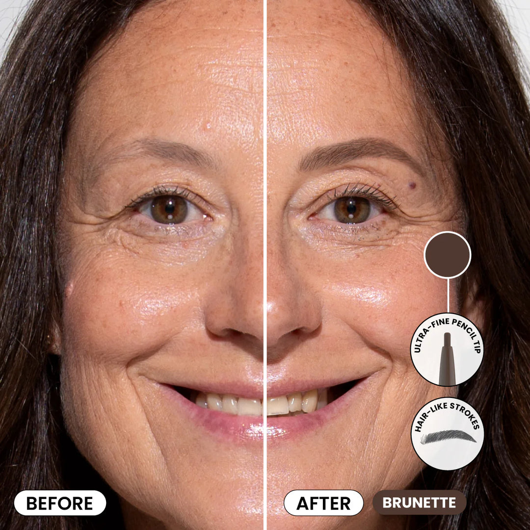 A split image showing a womans face before and after using a brunette eyebrow pencil. The left side shows sparse eyebrows, while the right side displays fuller, defined brows. Diagram highlights the pencil’s color and ultra-fine tip.