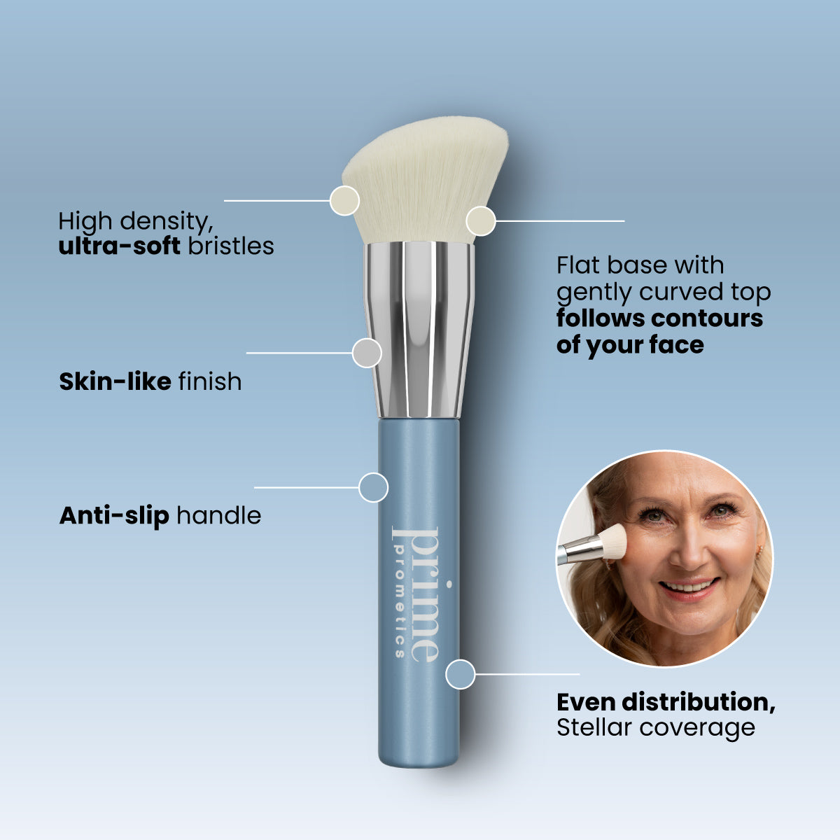 PrimeWand Brush vegan makeup brush with convex dome and 20,000+ ultra-soft synthetic bristles for mature skin