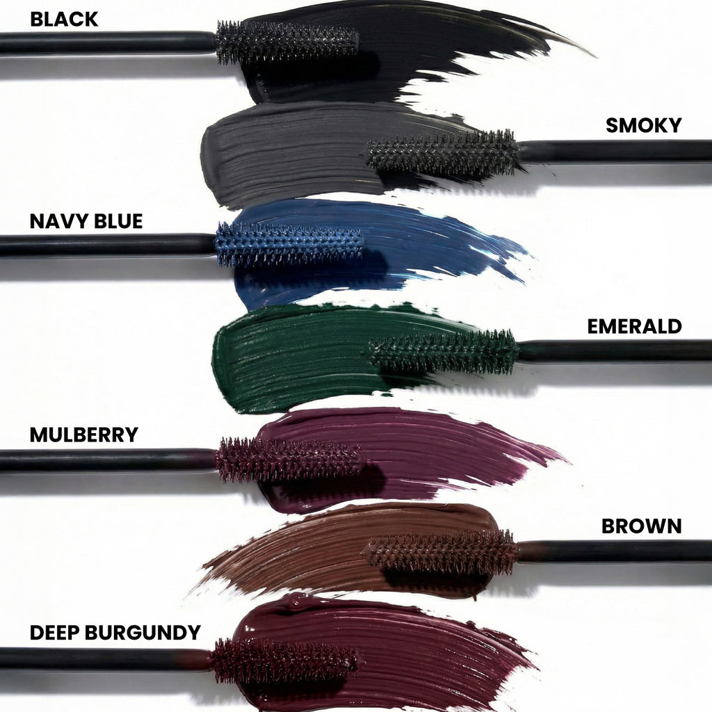 Prime Prometics PrimeLash Mascara shade range with brush wands and swatches in Black, Smoky, Navy Blue, Emerald, Mulberry, Brown, and Burgundy