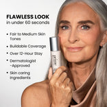 A smiling mature woman with long gray hair holds PrimePrometics™ 2pcs Color Changing Foundation, offering a flawless look in under 60 seconds for fair to medium tones, buildable coverage, 12-hour wear, and is dermatologist-approved.