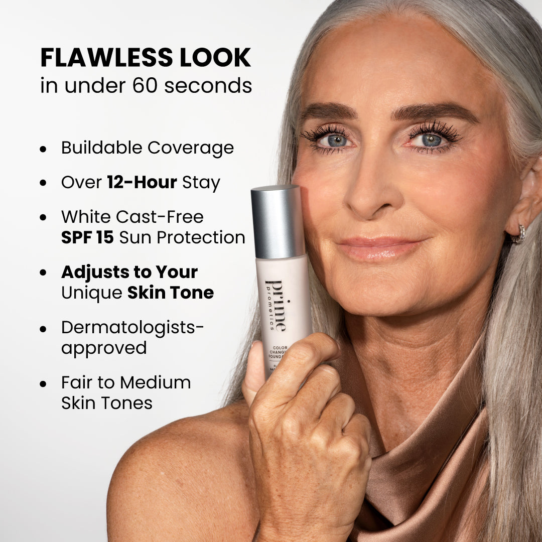 Smiling older woman with long gray hair holds a bottle of PrimePrometics™ CCF + Conceal. Text highlights: flawless look in under 60 seconds, 12-hour wear, SPF 15, adapts to your skin tone, dermatologist-approved for fair to medium skin tones.