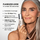 Smiling older woman with long gray hair holds a bottle of PrimePrometics™ CCF + Conceal. Text highlights: flawless look in under 60 seconds, 12-hour wear, SPF 15, adapts to your skin tone, dermatologist-approved for fair to medium skin tones.