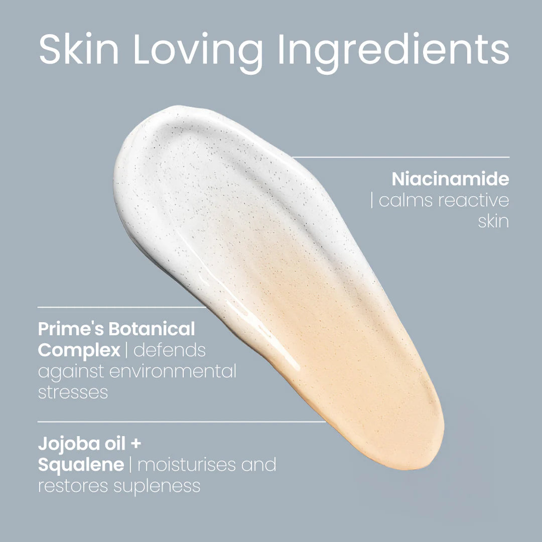 A smear of cream on a grey background with text highlighting skin-loving ingredients: niacinamide to soothe, a botanical complex to protect against stress, and moisturizing jojoba oil with squalene for suppleness—all included in the Prime Mini Essentials Travel Kit by PrimePrometics™, perfect for your beauty essentials or travel makeup kit.