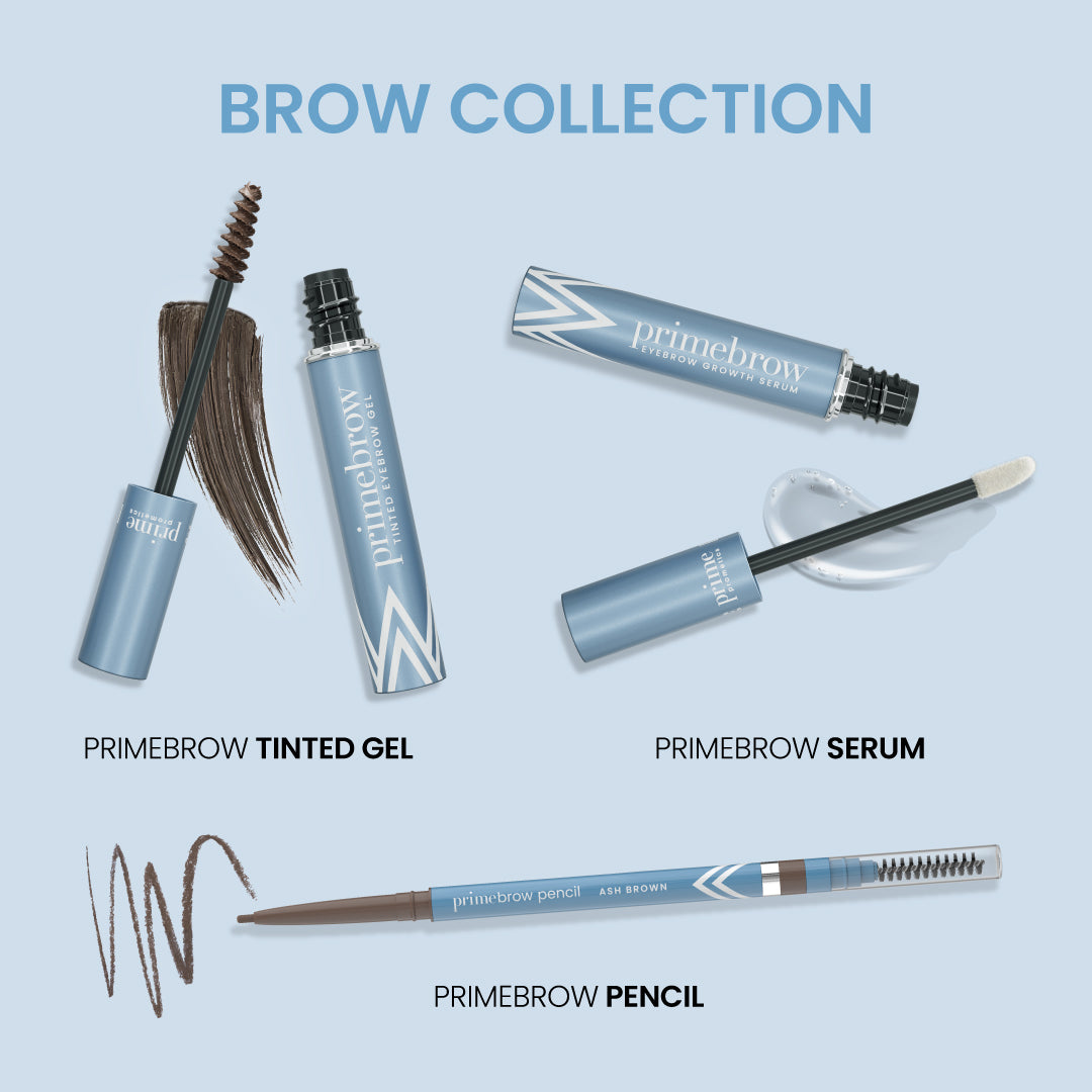 Prime Prometics Brow Collection: PrimeBrow Tinted Gel, PrimeBrow Growth Serum, and PrimeBrow Pencil shown together
