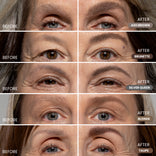 Close-up of four pairs of eyes showing before and after eyebrow transformations, with brow colors labeled as Ash Brown, Brunette, Silver Queen, and Blonde Taupe in the after images.