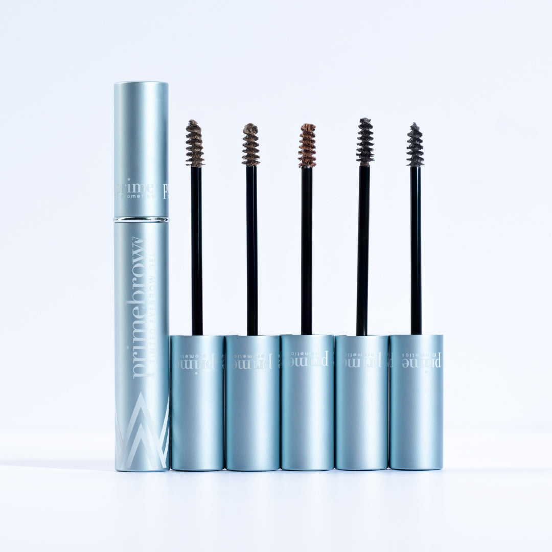 Two silver tubes of PrimePrometics™ 2pcs PrimeBrow Tinted Gel are shown, one open with a brown-coated wand and one closed. The packaging reads "prime brow" in white text—ideal for precise shaping and gray brow coverage.