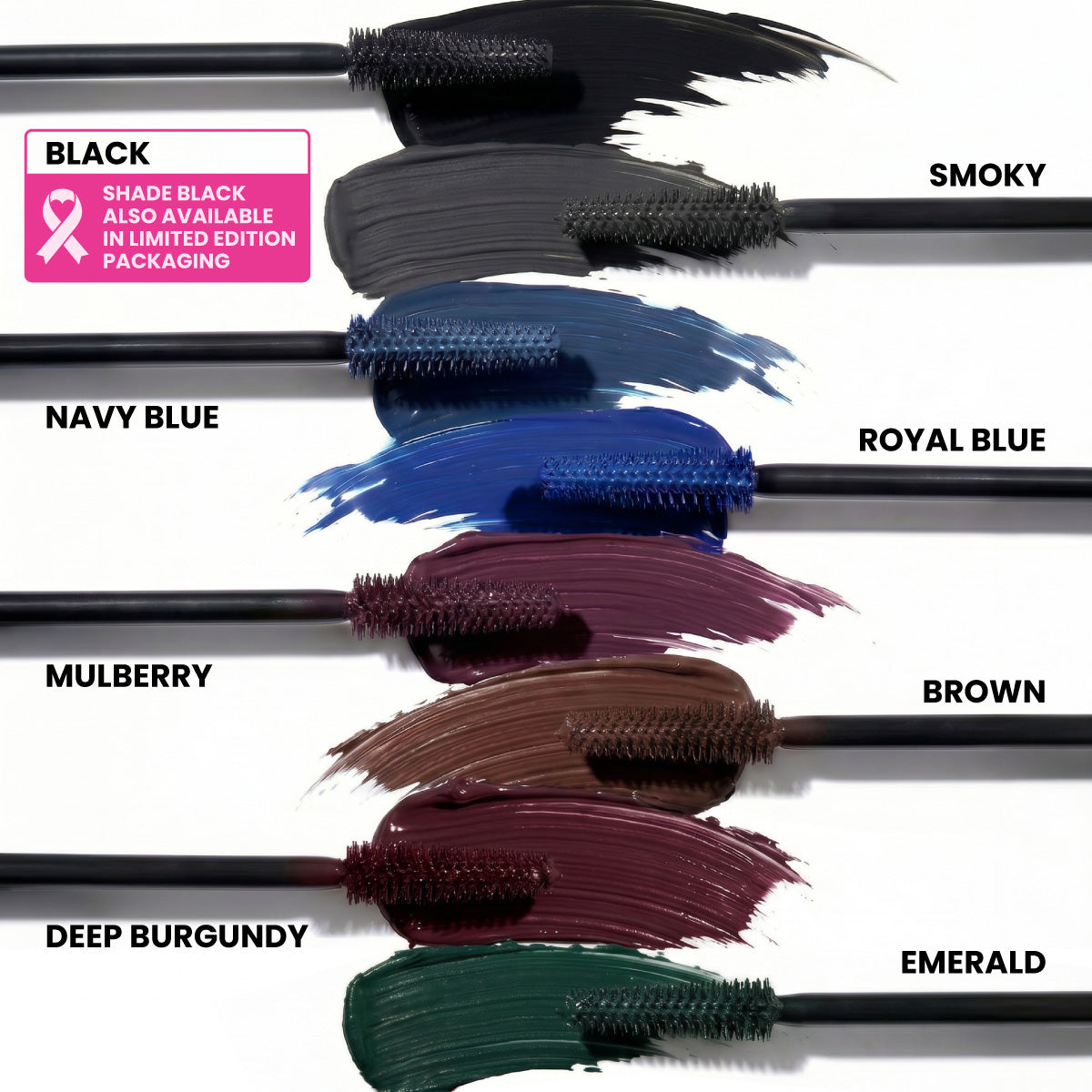 The Beauty That Gives Set by PrimePrometics™ features mascara wands with black, smoky, navy blue, royal blue, mulberry, brown, deep burgundy, and emerald for vibrant eye-brightening and lengthening results.