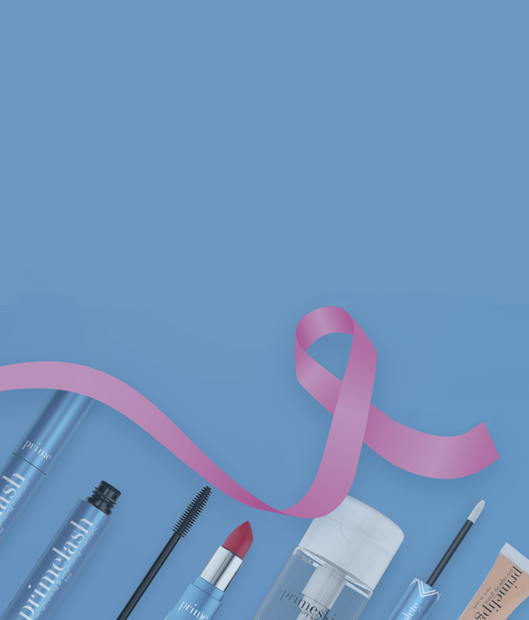 A pink ribbon on a blue background with various makeup products, including mascara, lipstick, brow gel, a makeup brush, and a tube of concealer, arranged along the bottom.