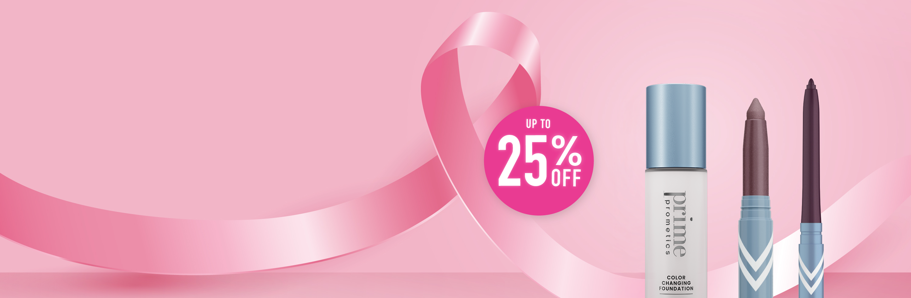 A pink background with a ribbon, a 25% off label, a bottle of foundation, and two makeup pencils, promoting a cosmetics sale.