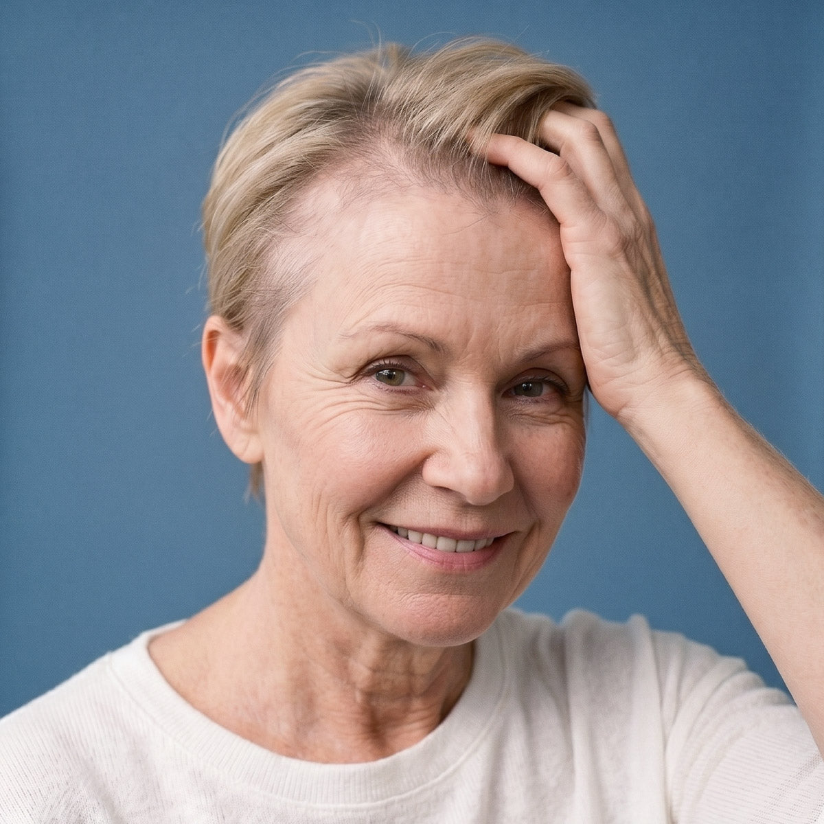 Eine lächelnde ältere Frau mit kurzen blonden Haaren fasst sich an den Kopf; sie trägt ein weißes Oberteil und steht vor einem einfarbigen blauen Hintergrund.