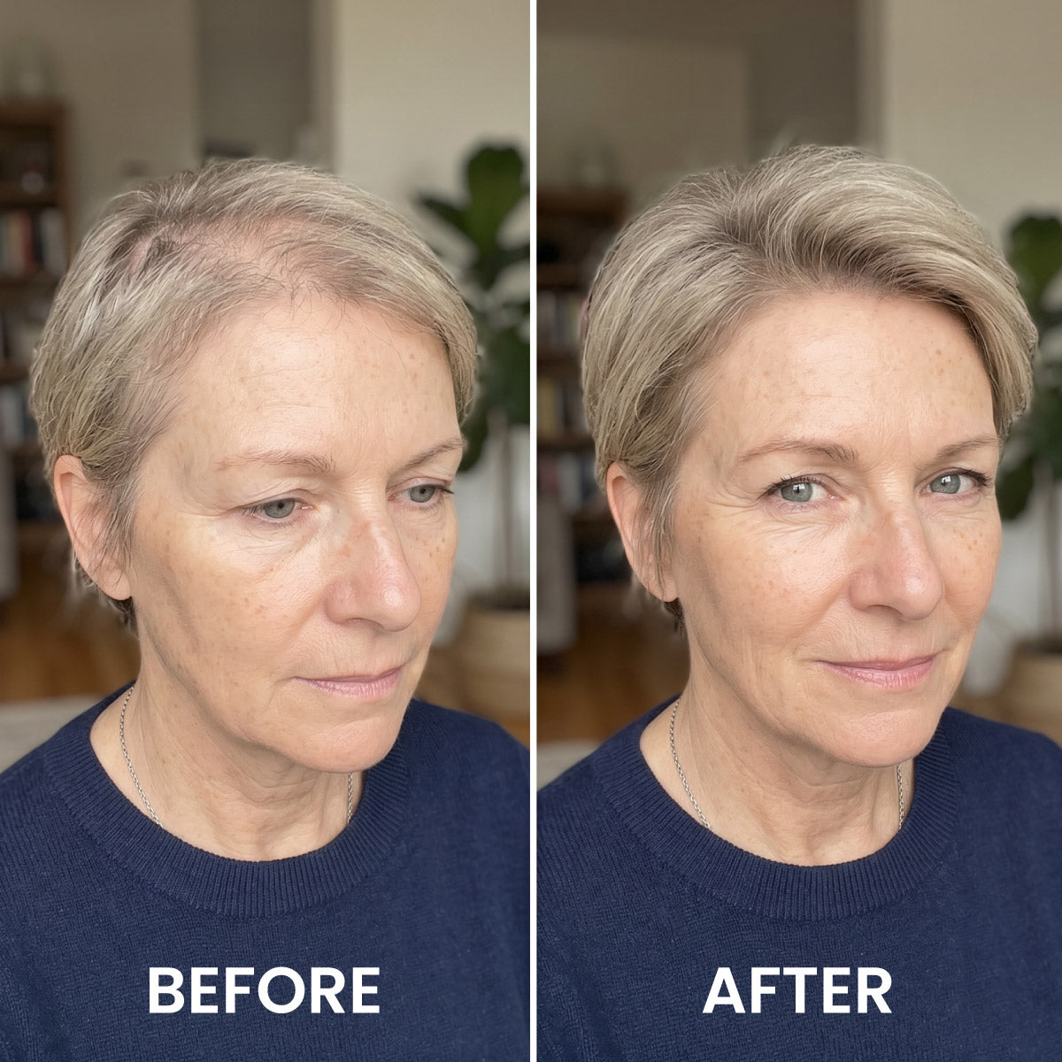 Ein Split-Bild zeigt eine Frau vor und nach einer Haarumgestaltung. Auf der linken Seite wirkt ihr Haar dünner, auf der rechten Seite sieht es voller und gestylt aus. Sie trägt einen marineblauen Pullover und befindet sich in einer hell beleuchteten Innenraumkulisse.