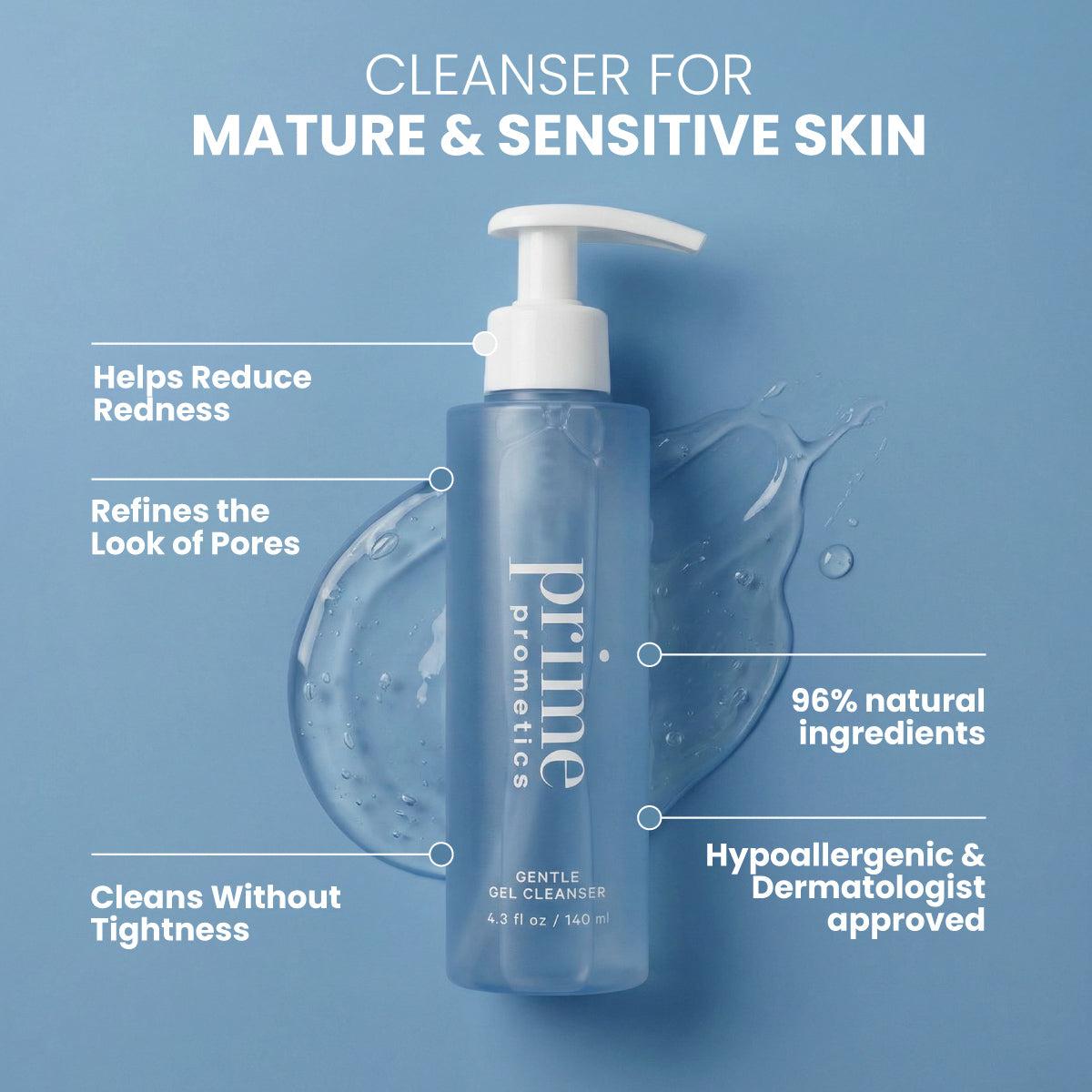 Prime Prometics Gentle Gel Cleanser for mature and sensitive skin: helps reduce redness, refines the look of pores, cleans without tightness, 96% natural ingredients, hypoallergenic and dermatologist-approved