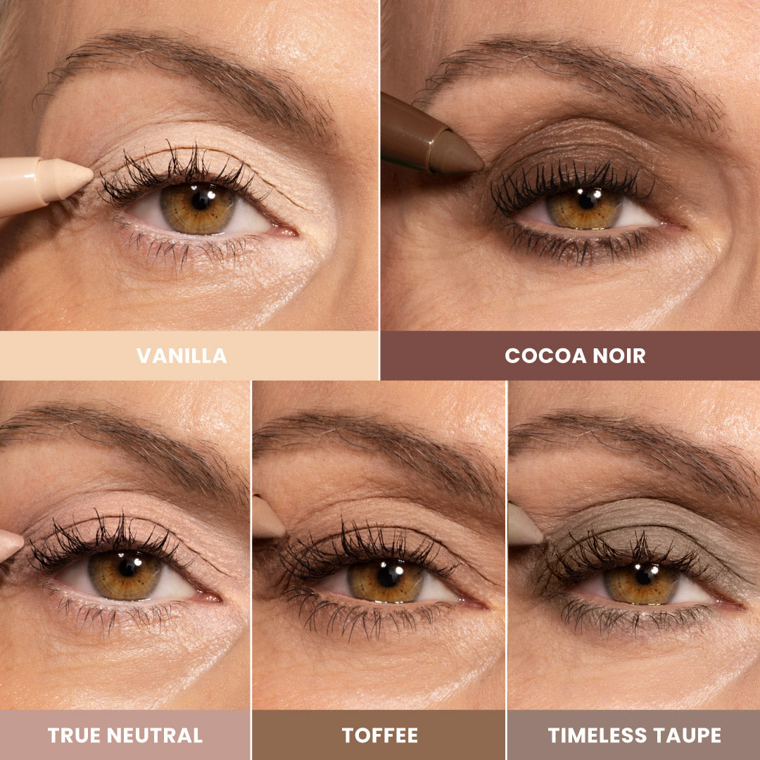 Five close-ups show a person applying 2pcs PrimeEyes Eyeshadow Matte by PrimePrometics™ in Vanilla, Cocoa Noir, True Neutral, Toffee, and Timeless Taupe—each richly pigmented shade is labeled below its image.