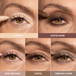 Five close-ups show a person applying 2pcs PrimeEyes Eyeshadow Matte by PrimePrometics™ in Vanilla, Cocoa Noir, True Neutral, Toffee, and Timeless Taupe—each richly pigmented shade is labeled below its image.