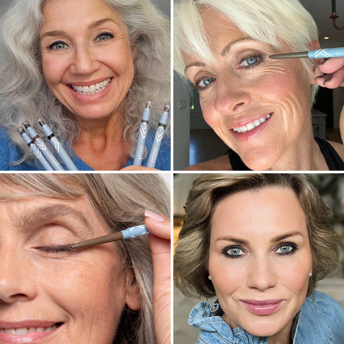 A collage of four mature women with silver or blonde hair demonstrating makeup application, each holding or using an eyeliner pencil while smiling or posing for the camera.